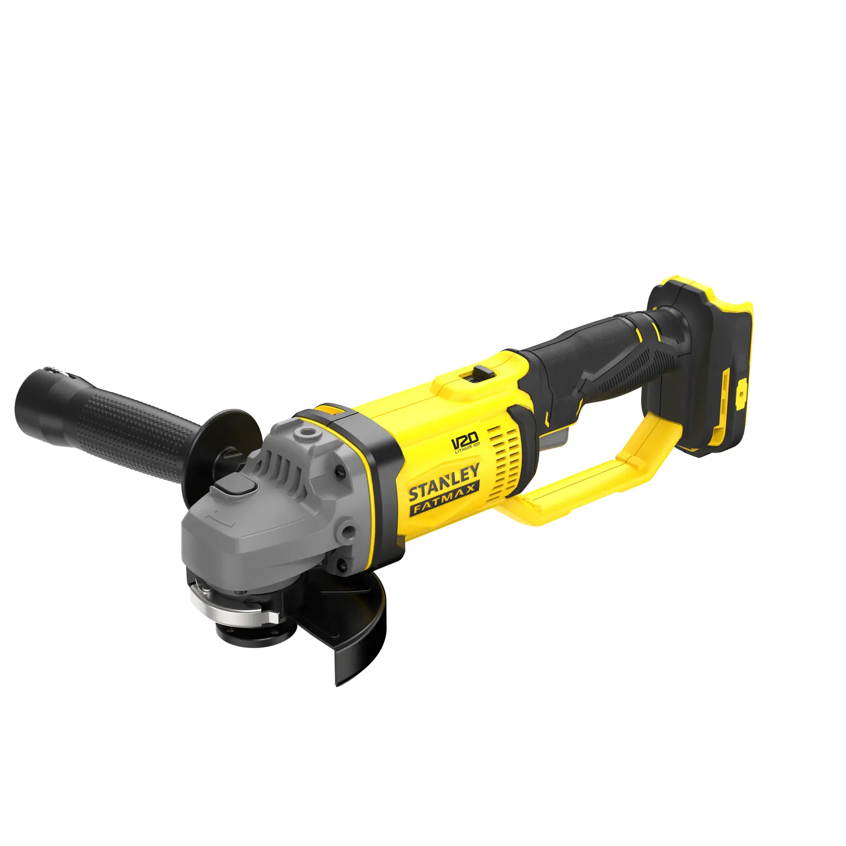 Photo de meuleuse d’angle sans fil STANLEY SFMCG300B, jaune et noire, vue latérale, photographie produit.