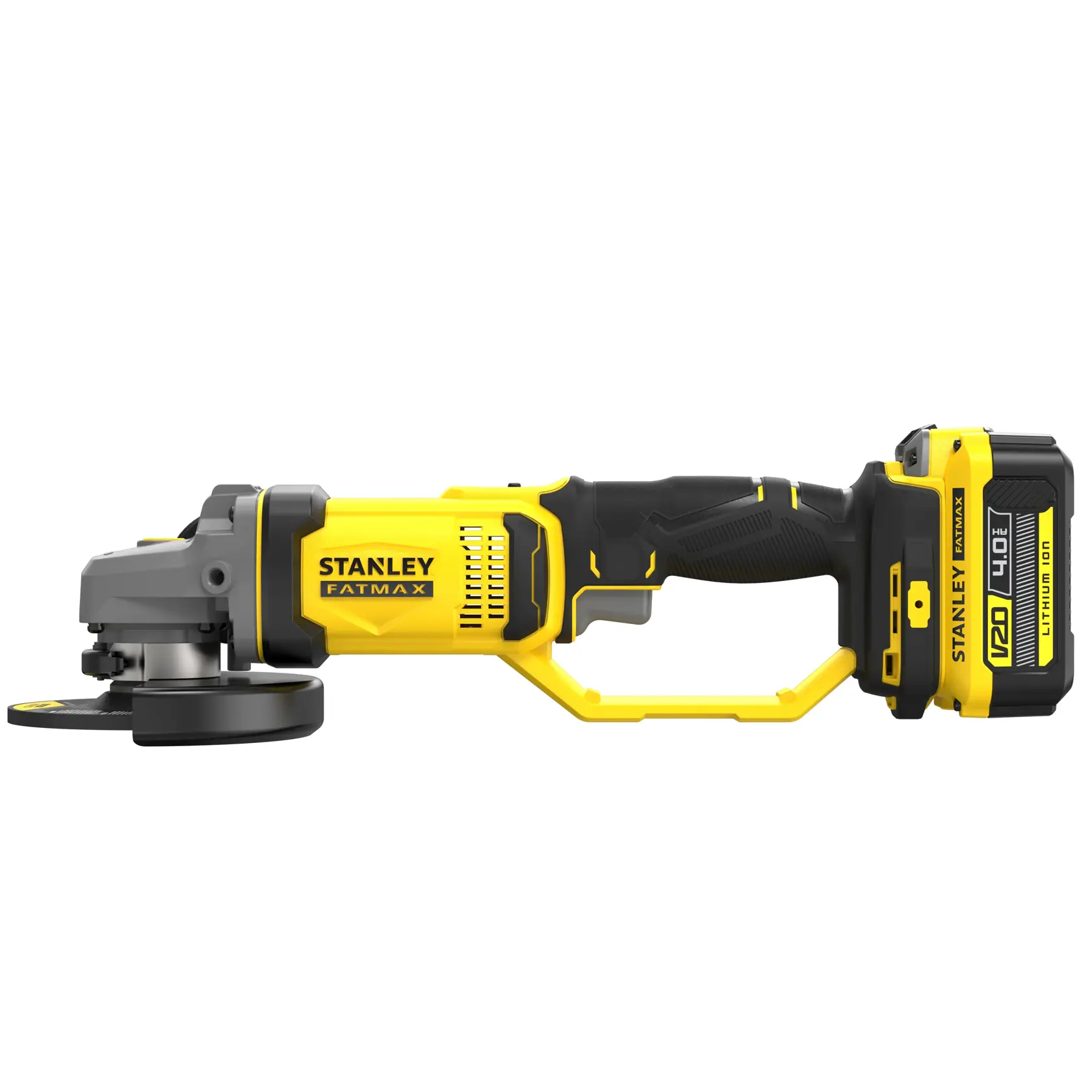 STANLEY SFMCG400M2K meuleuse angulaire sans fil vue latérale, jaune et noire avec batterie Li-Ion 18V 4.0Ah.