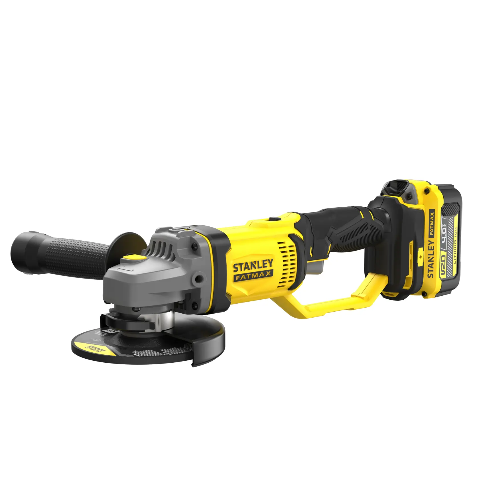 Photo of STANLEY SFMCG400M2K cordless angle grinder, yellow and black, side view on white background.