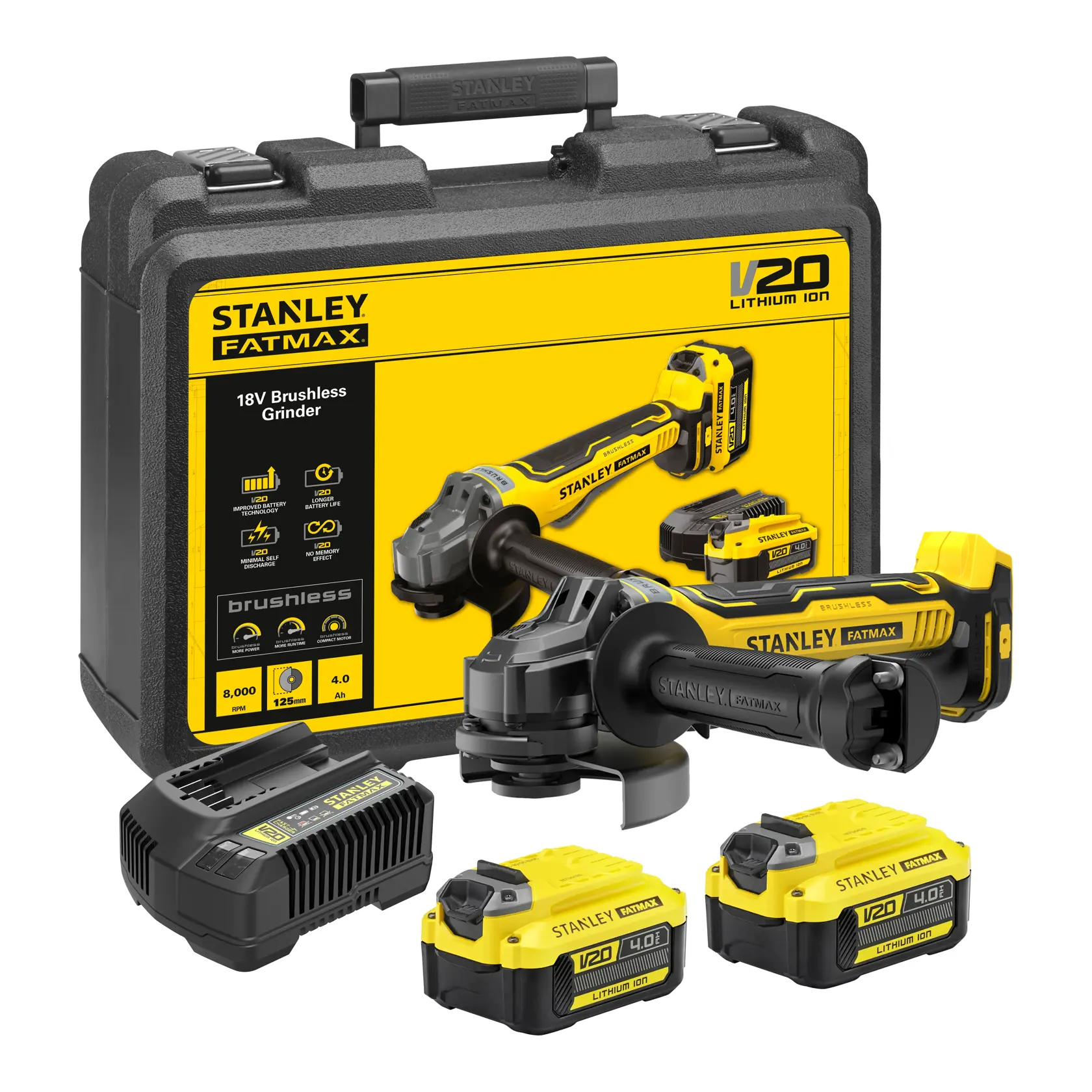 Stanley SFMCG700M2K brushless grinder kit with case, charger, and two V20 lithium-ion batteries, front angle.