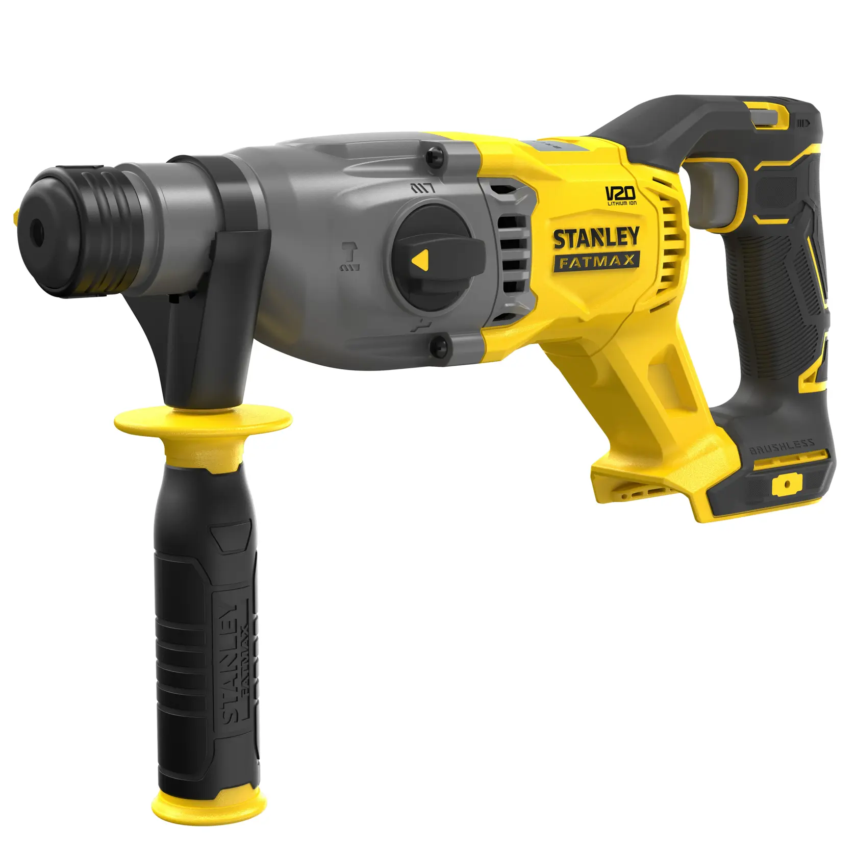 Perforateur STANLEY SFMCH900B, jaune et noir, vue latérale, sans balais, poignée auxiliaire.