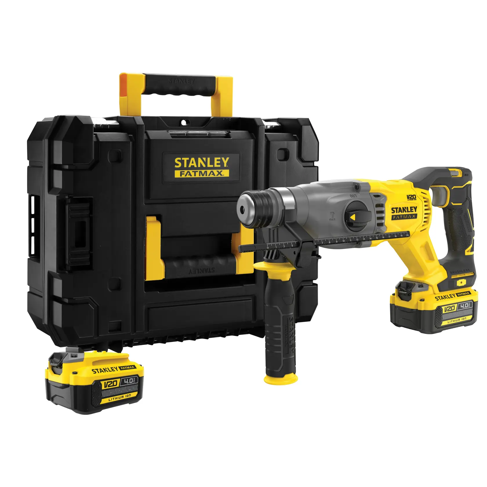Kit marteau rotatif sans fil Stanley SFMCH900M22, boîtier et trois batteries V20 jaunes, vue de face.