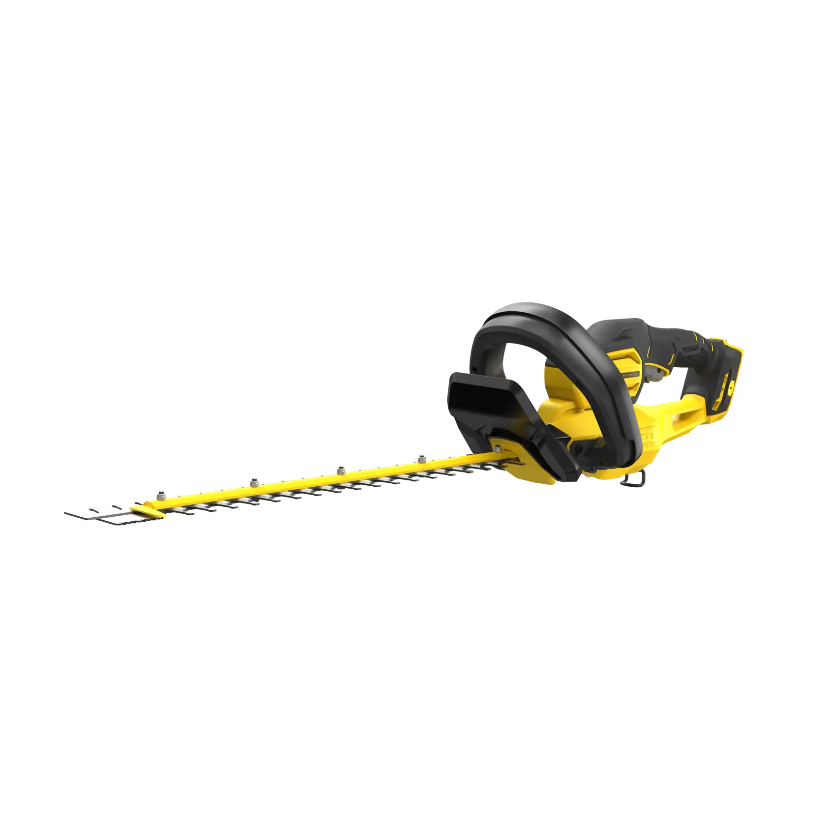 STANLEY SFMCHT855B hedge trimmer, yellow and black, side angle, long blade, cordless design.