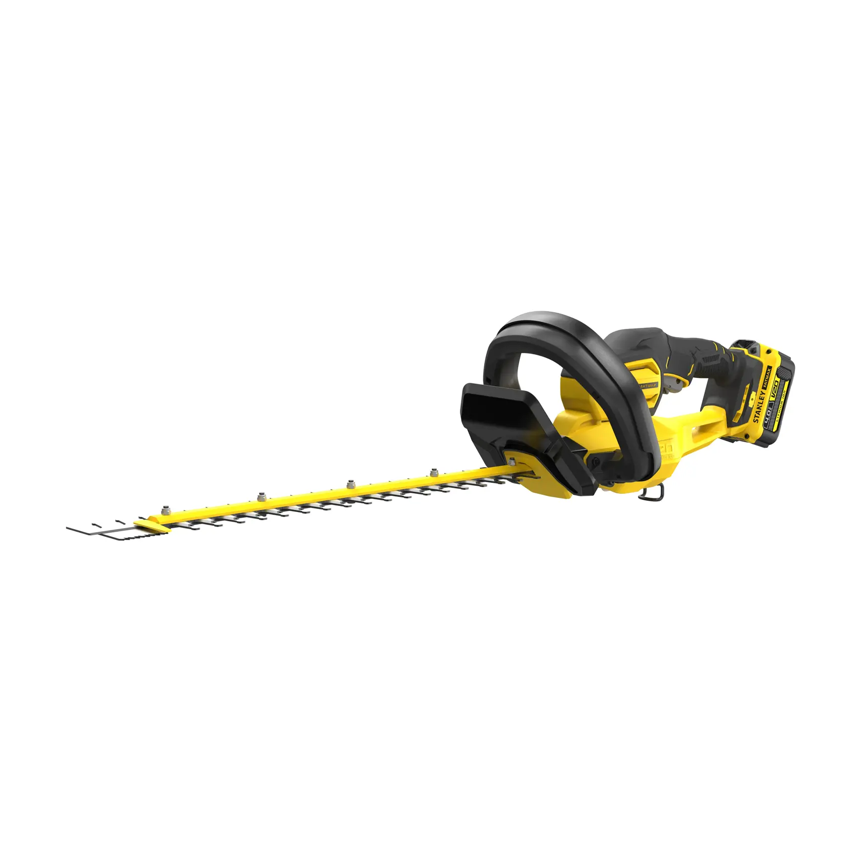 Photo du taille-haie sans fil STANLEY SFMCHT855M1, jaune et noir, angle latéral sur fond blanc.