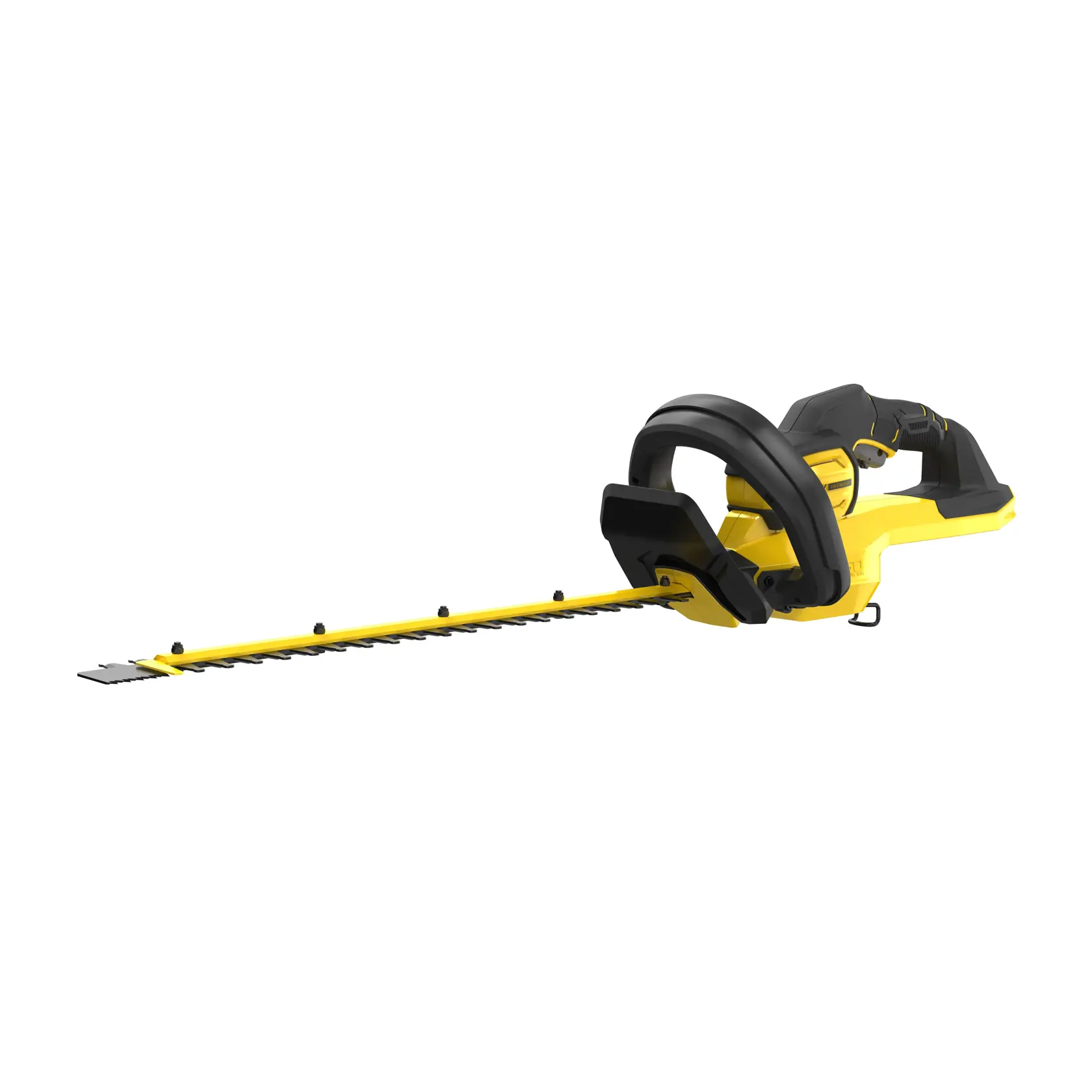 STANLEY SFMCHTB866B cordless hedge trimmer, yellow and black, side angle on white background.