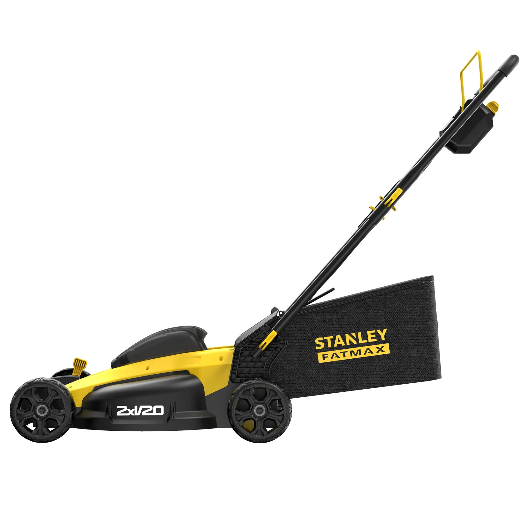 Foto del tagliaerba STANLEY SFMCMW2651M in uso sull’erba, design giallo e nero, sfondo giardino.