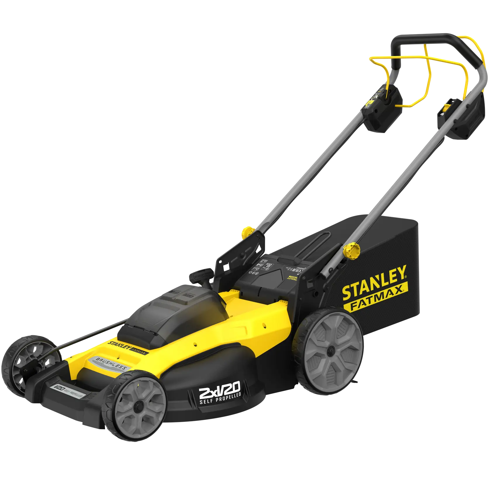 Photo de la tondeuse sans fil autotractée STANLEY SFMCMWS251B jaune et noire, vue latérale, sac de ramassage de gazon attaché.
