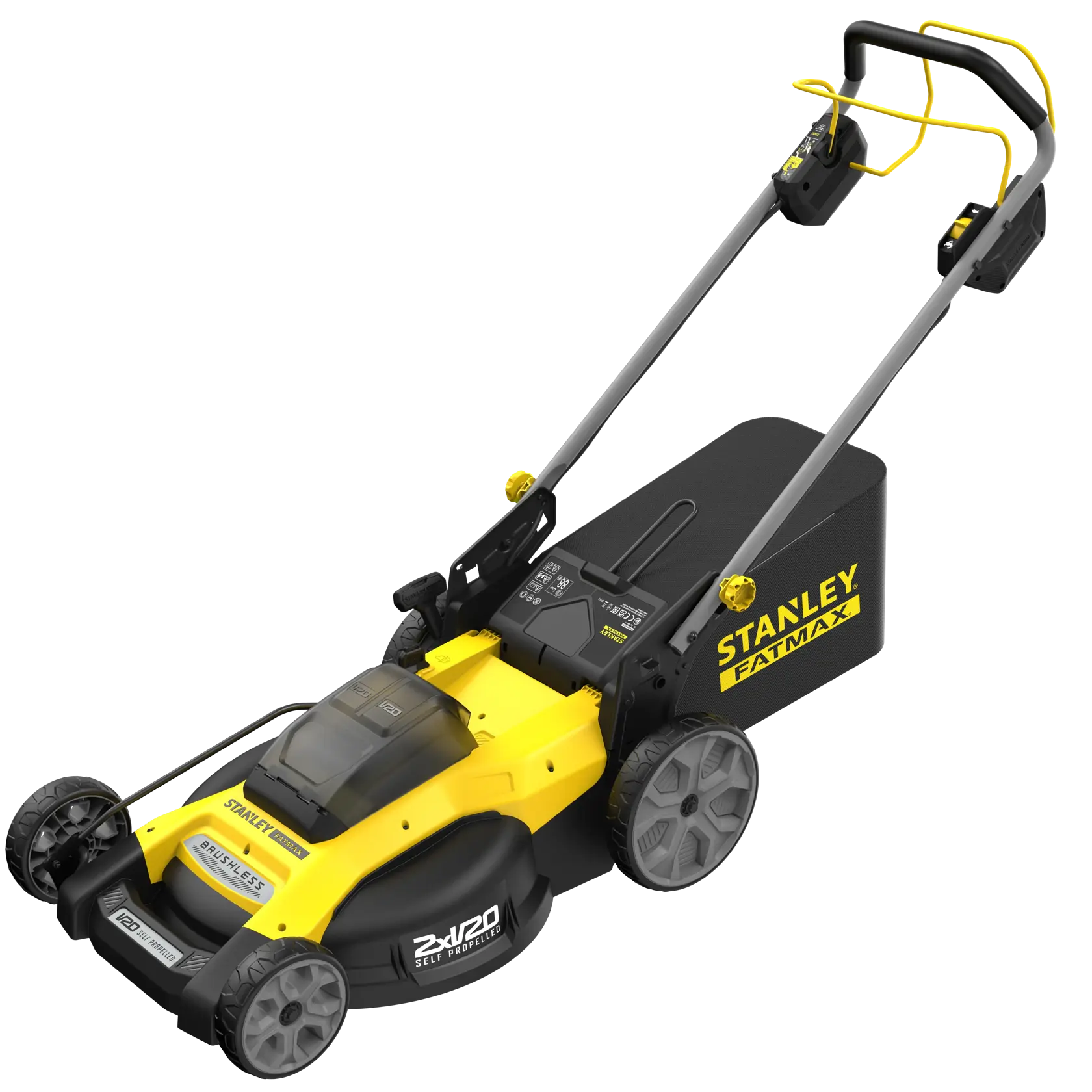 Photo of STANLEY SFMCMWS251M lawn mower, yellow and black, battery-powered, side angle on white background.