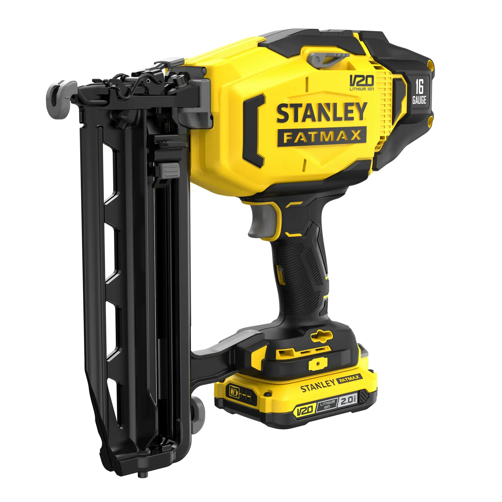 Cloueur sans fil Stanley Fatmax V20, jaune et noir, présenté de côté.