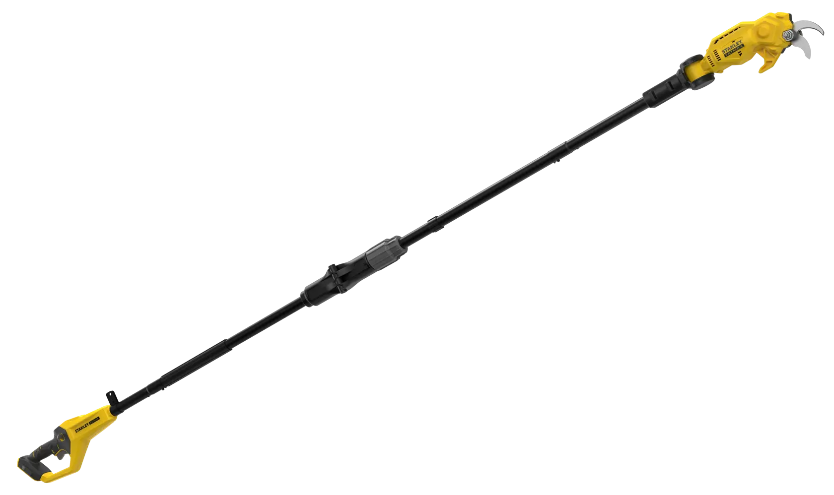 STANLEY SFMCPP632B élagueuse sur perche sans fil jaune et noire vue latérale sur fond blanc.