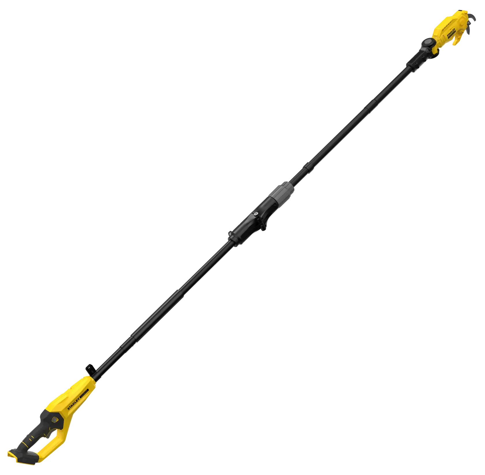 STANLEY SFMCPP632B élagueuse sur perche sans fil jaune et noire, vue latérale sur fond blanc.