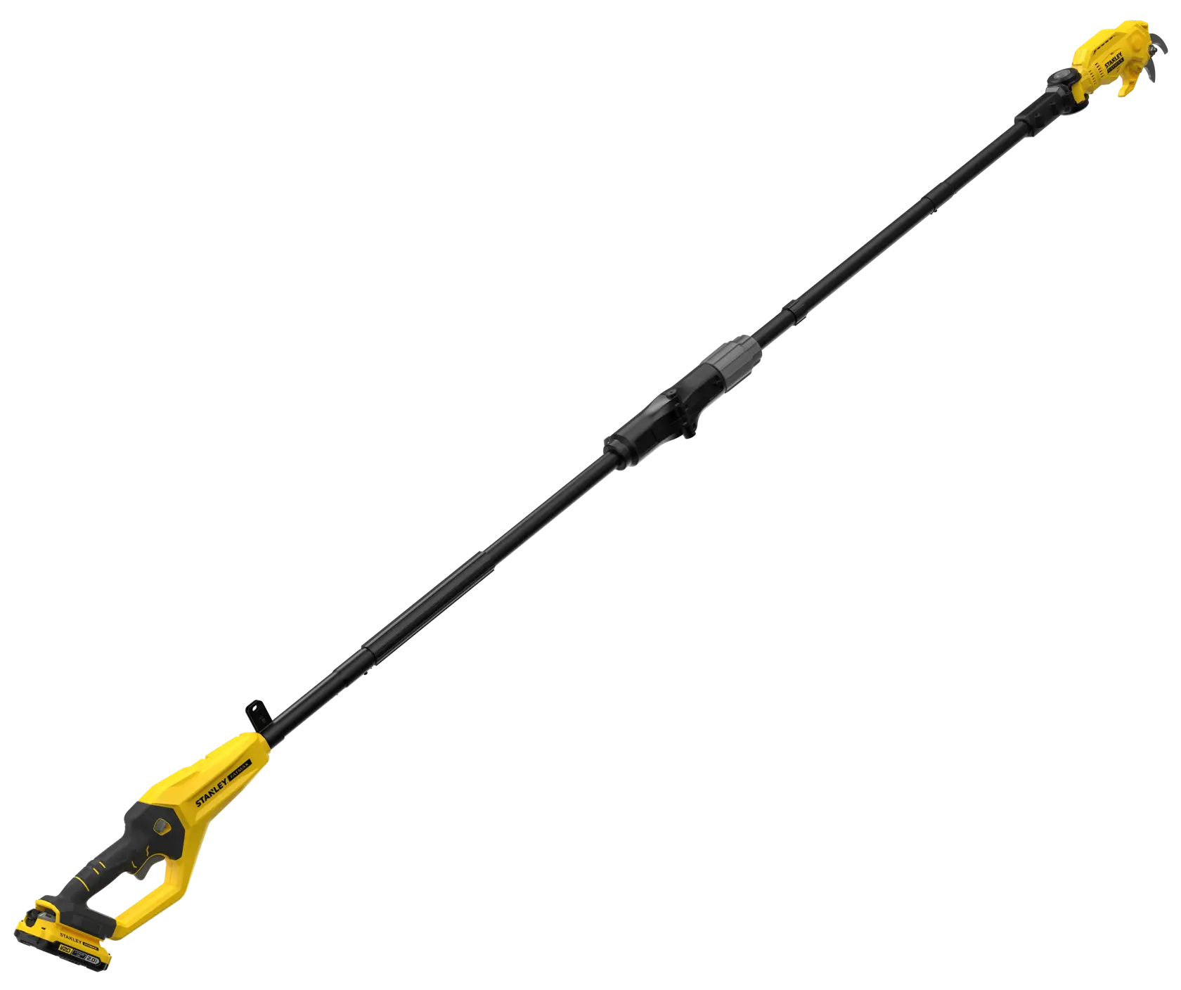STANLEY SFMCPP632D1 élagueuse sur perche sans fil jaune et noire, vue latérale sur fond blanc.