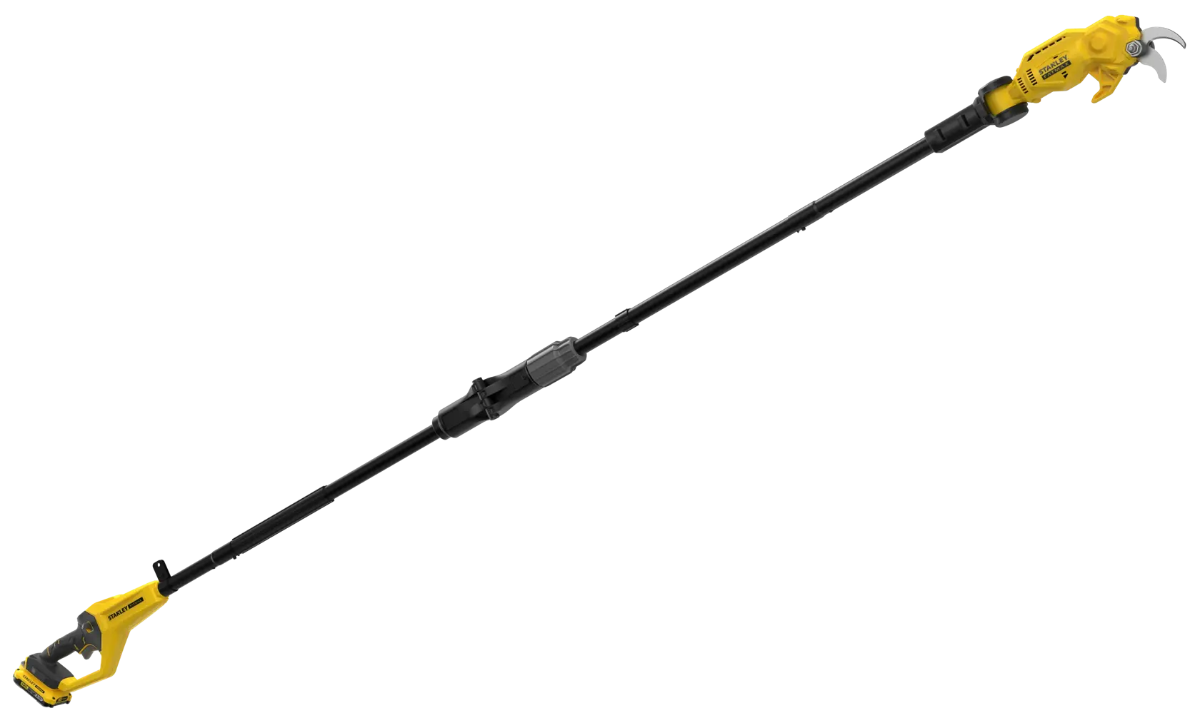 STANLEY SFMCPP632D1 potatore su asta giallo e nero senza fili, vista laterale su sfondo bianco.