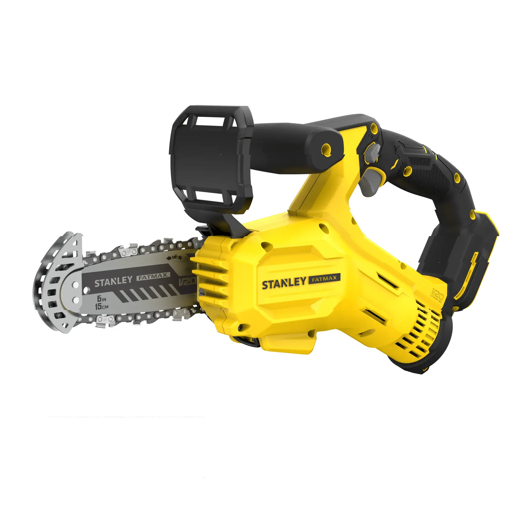 STANLEY SFMCPS415B mini motosega a batteria con corpo nero e giallo, angolazione laterale su sfondo bianco.