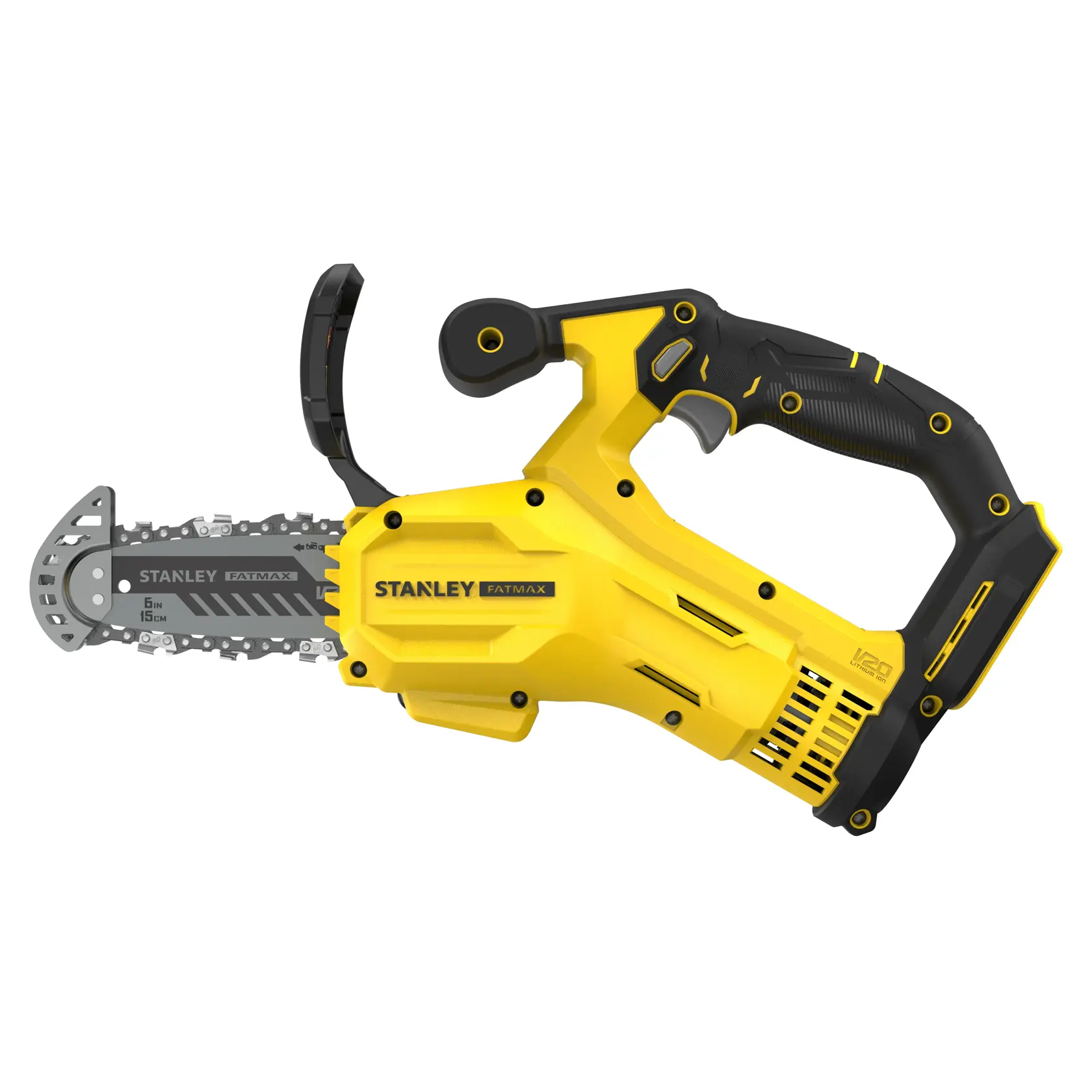 STANLEY SFMCPS415B mini motosega senza filo gialla e nera, vista laterale del prodotto su sfondo bianco.