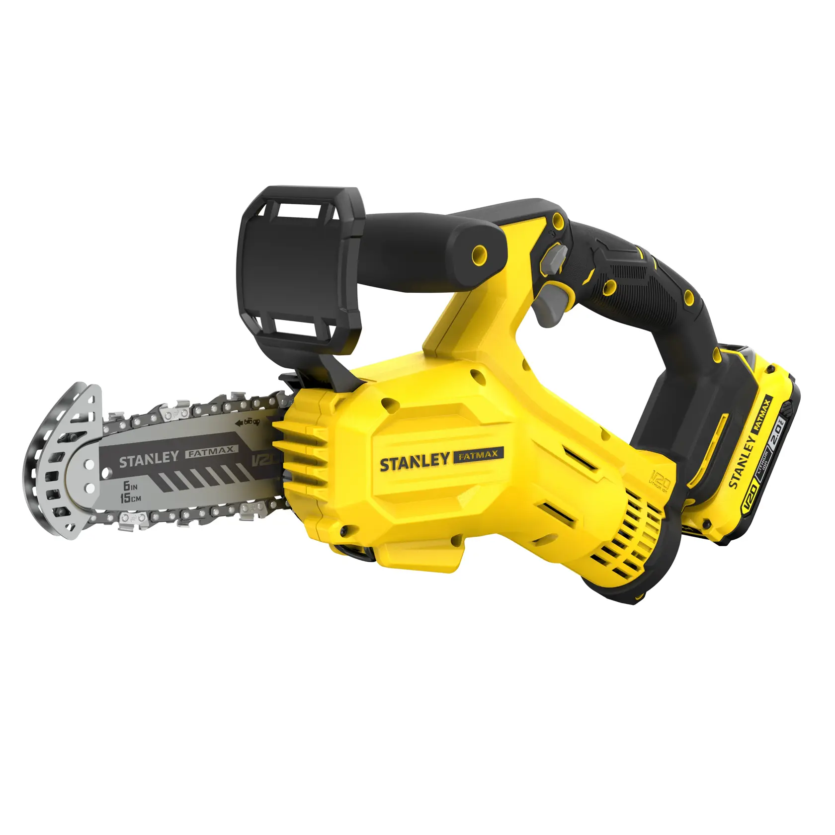 STANLEY SFMCPS415D1 tronçonneuse sans fil, jaune et noire, vue latérale du produit sur fond blanc.