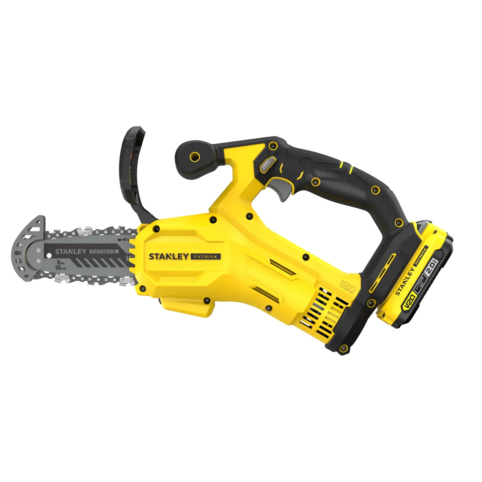 Motosega a batteria STANLEY SFMCPS415D1 gialla e nera, vista laterale, con batteria e impugnatura ergonomica visibili.