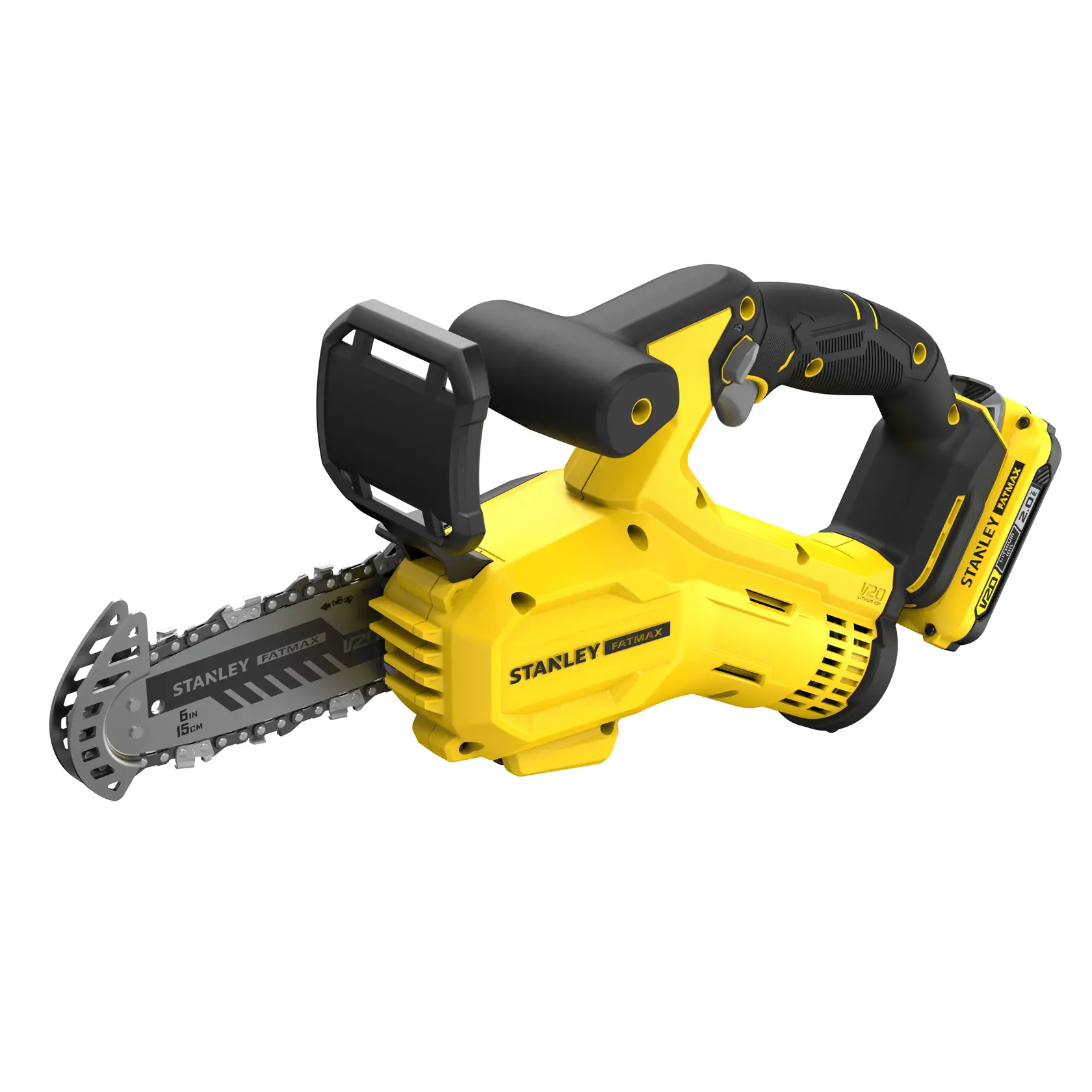 STANLEY SFMCPS415D1 mini motosega senza filo gialla e nera, vista laterale su sfondo bianco.
