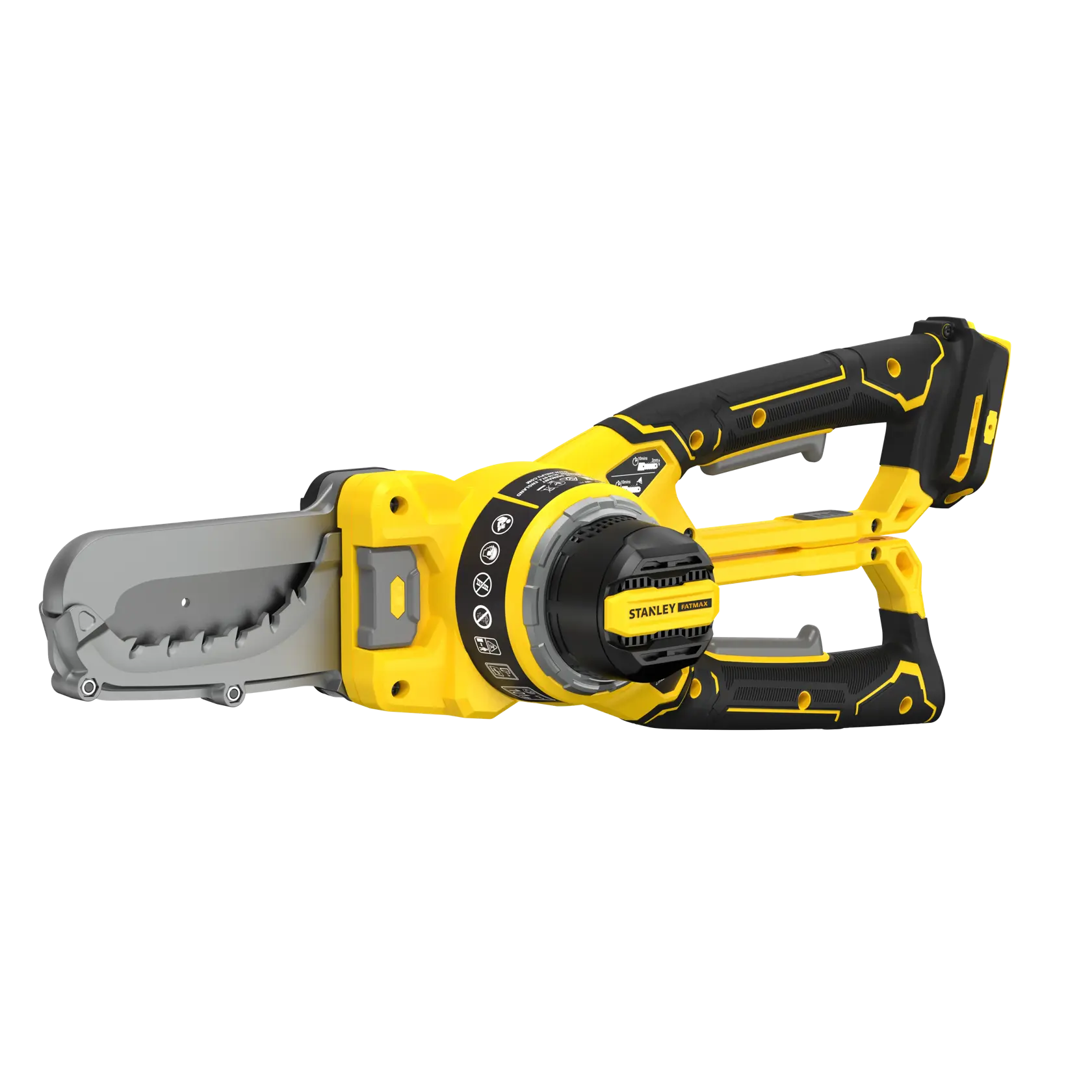 STANLEY SFMCPS515B élagueuse sans fil, jaune et noire, vue latérale sur fond blanc.