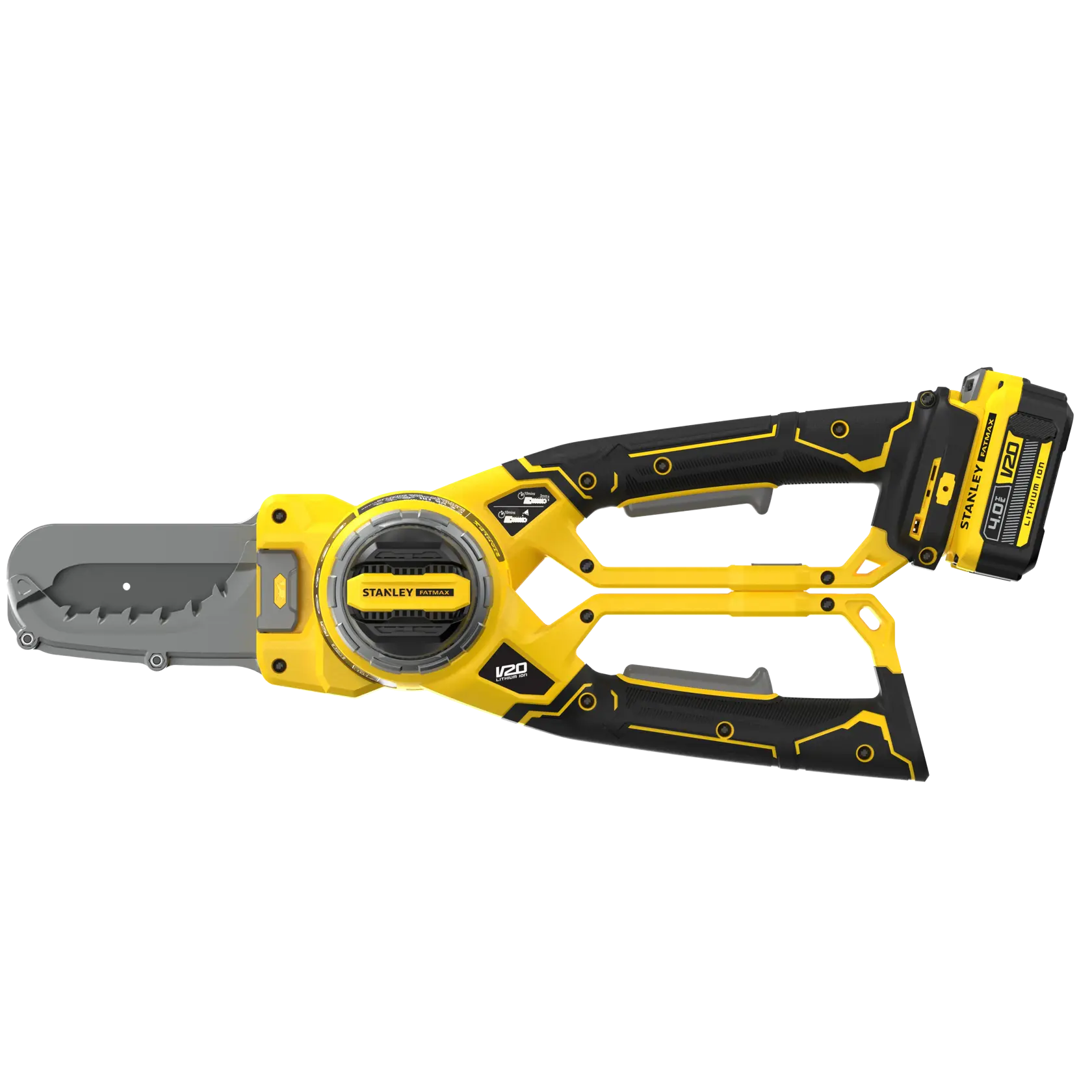 Seghetto potatore a batteria STANLEY SFMCPS515M1, giallo e nero, vista laterale su sfondo bianco.