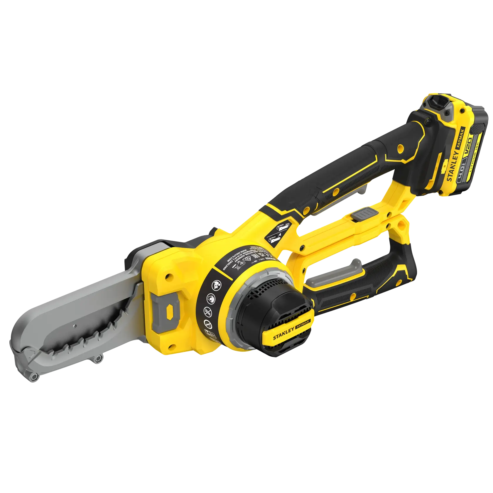 STANLEY SFMCPS515M1 mini motosega a batteria, gialla e nera, vista laterale, adatta per potatura.