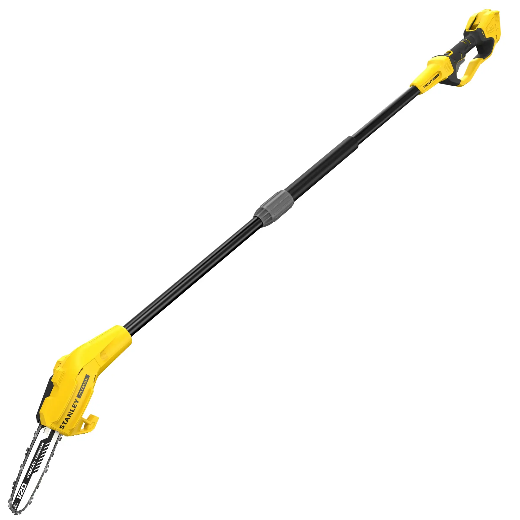 STANLEY SFMCPS620B élagueuse sur perche jaune et noire sur fond blanc, vue latérale.
