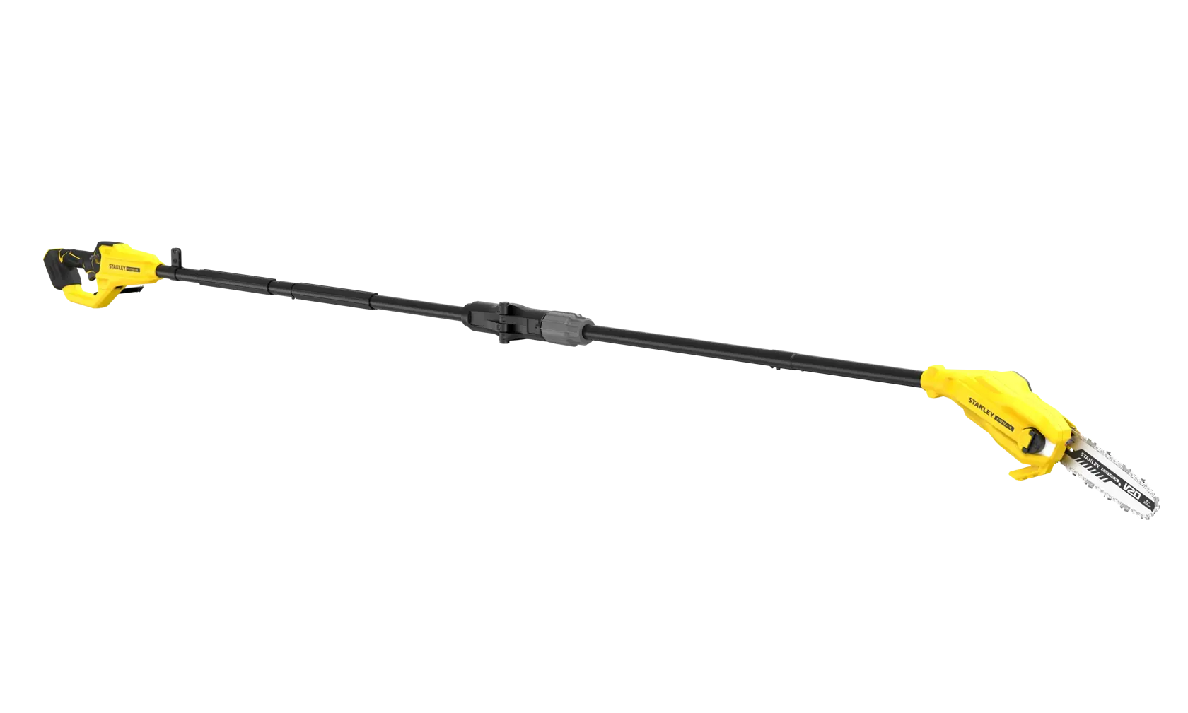 STANLEY SFMCPS720B-XJ pole saw, yellow and black, side view on white background.