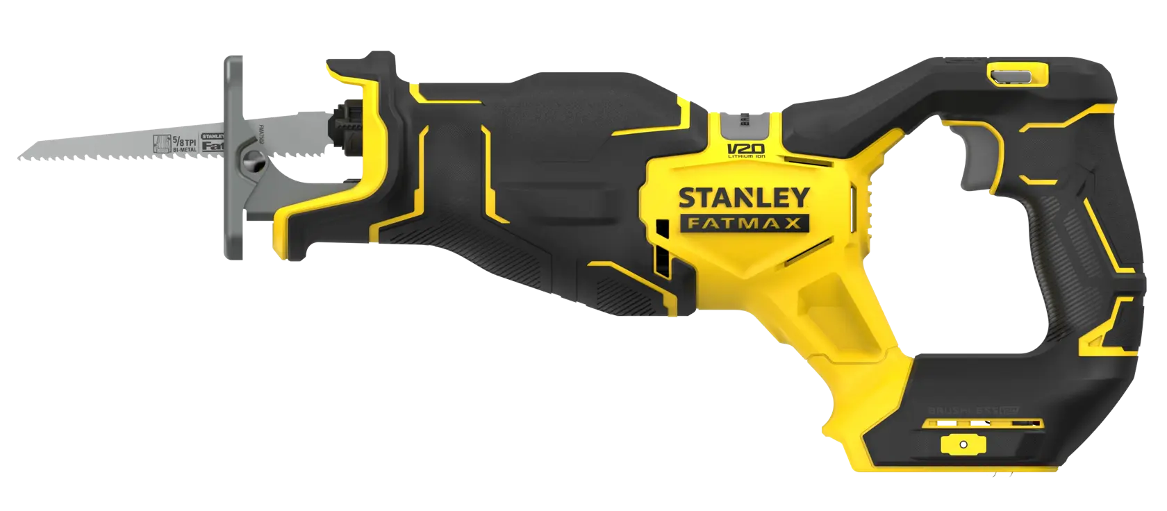STANLEY SFMCS311B-XJ reciprocating saw, yellow and black, side angle on white background.