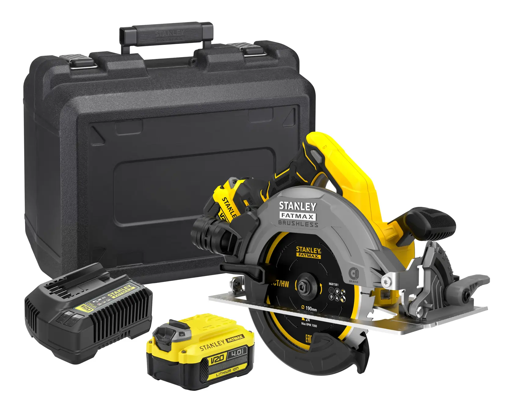 STANLEY SFMCS500M2K cordless circular saw, yellow and black, front angle, showing blade guard and V20 battery.