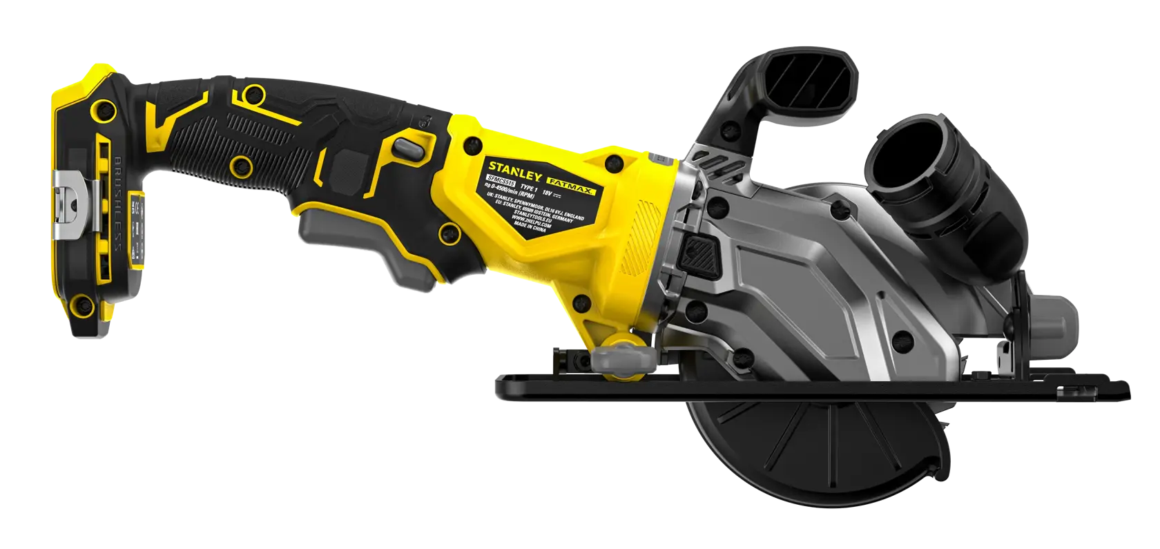 STANLEY SFMCS515B sega circolare a batteria vista laterale, gialla e nera con impugnatura ergonomica e vano batteria visibile.