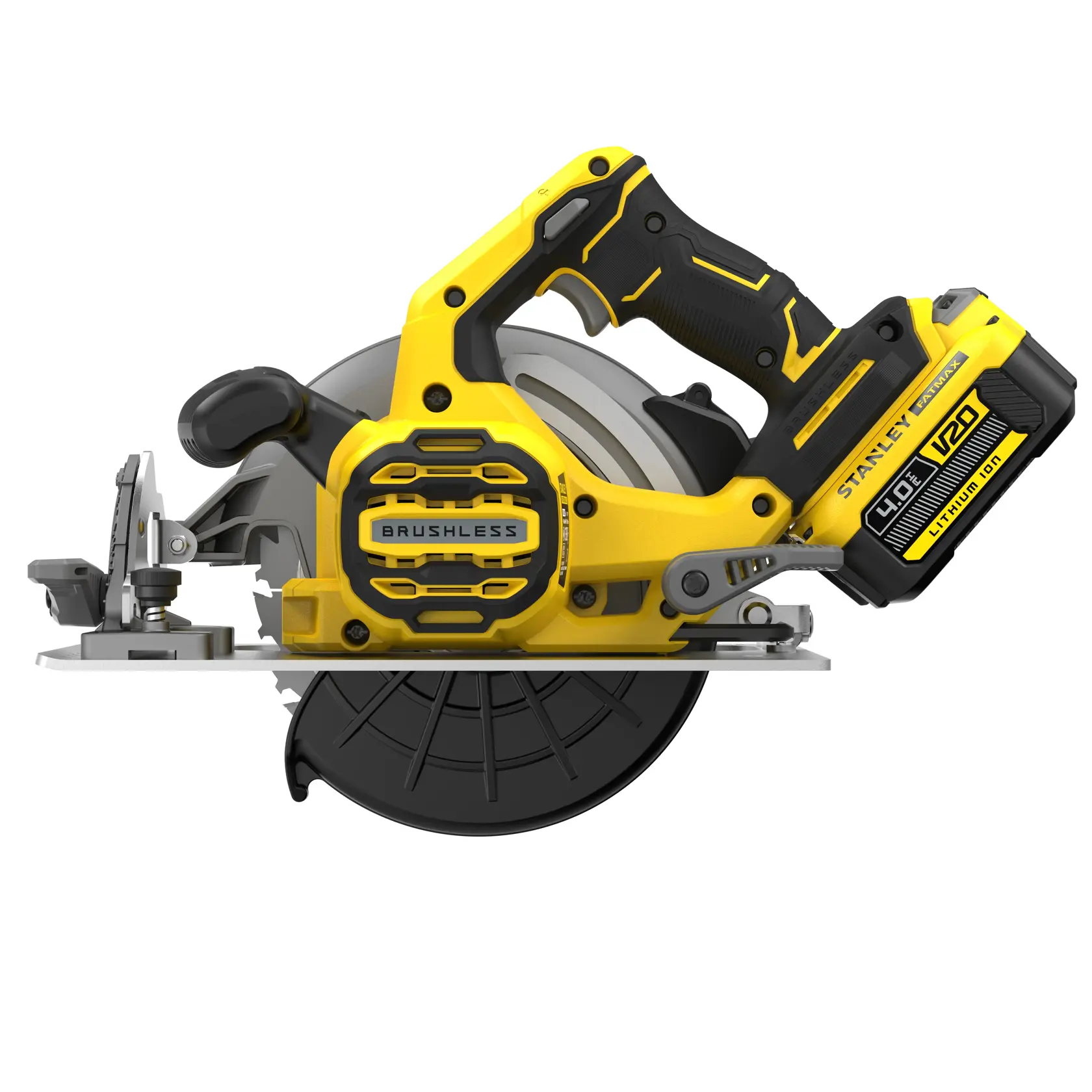 STANLEY SFMCS550M2K cordless circular saw, yellow and black, side angle on white background.