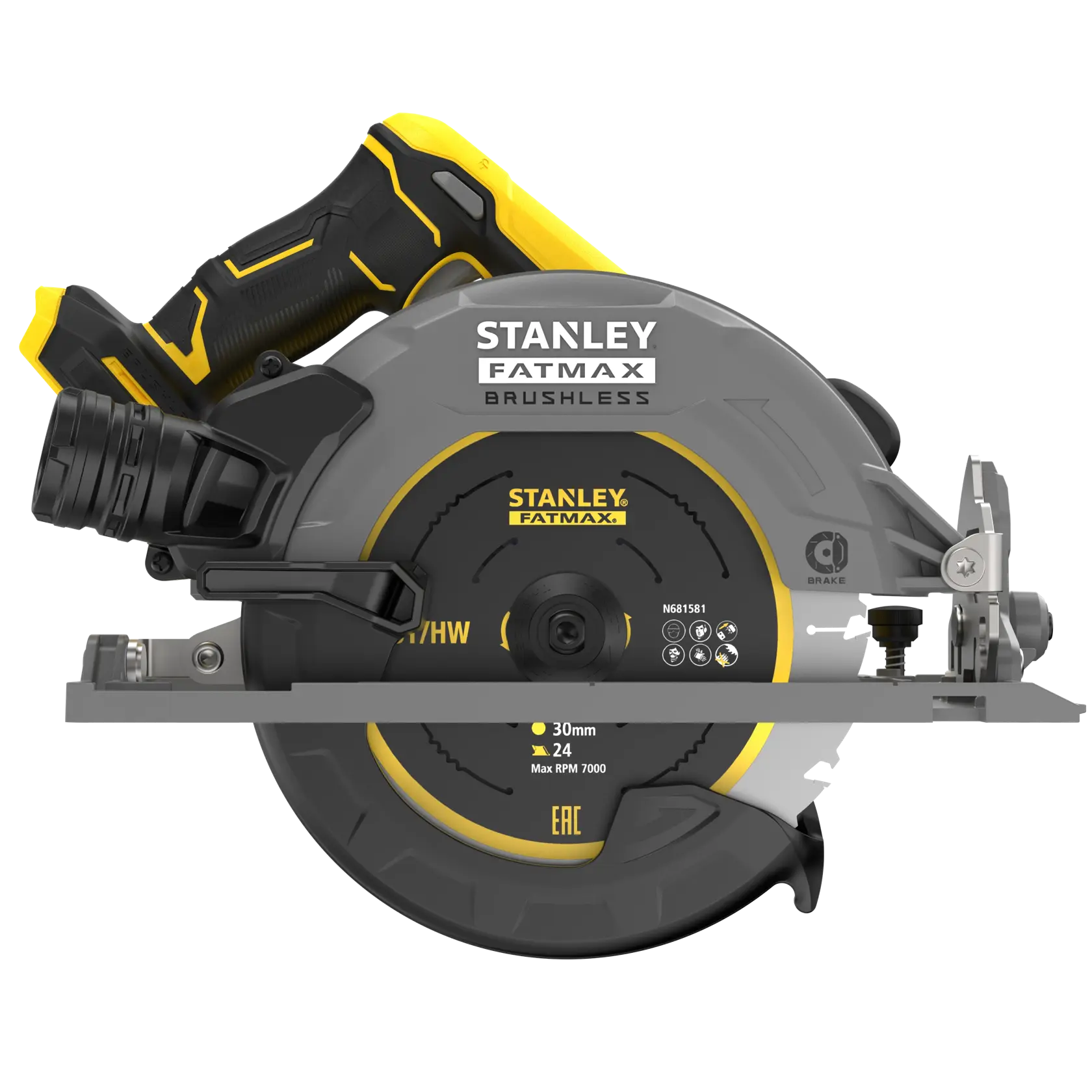 Photo of STANLEY SFMCS551B cordless circular saw, side view, grey with yellow accents, showing blade and brushless motor.