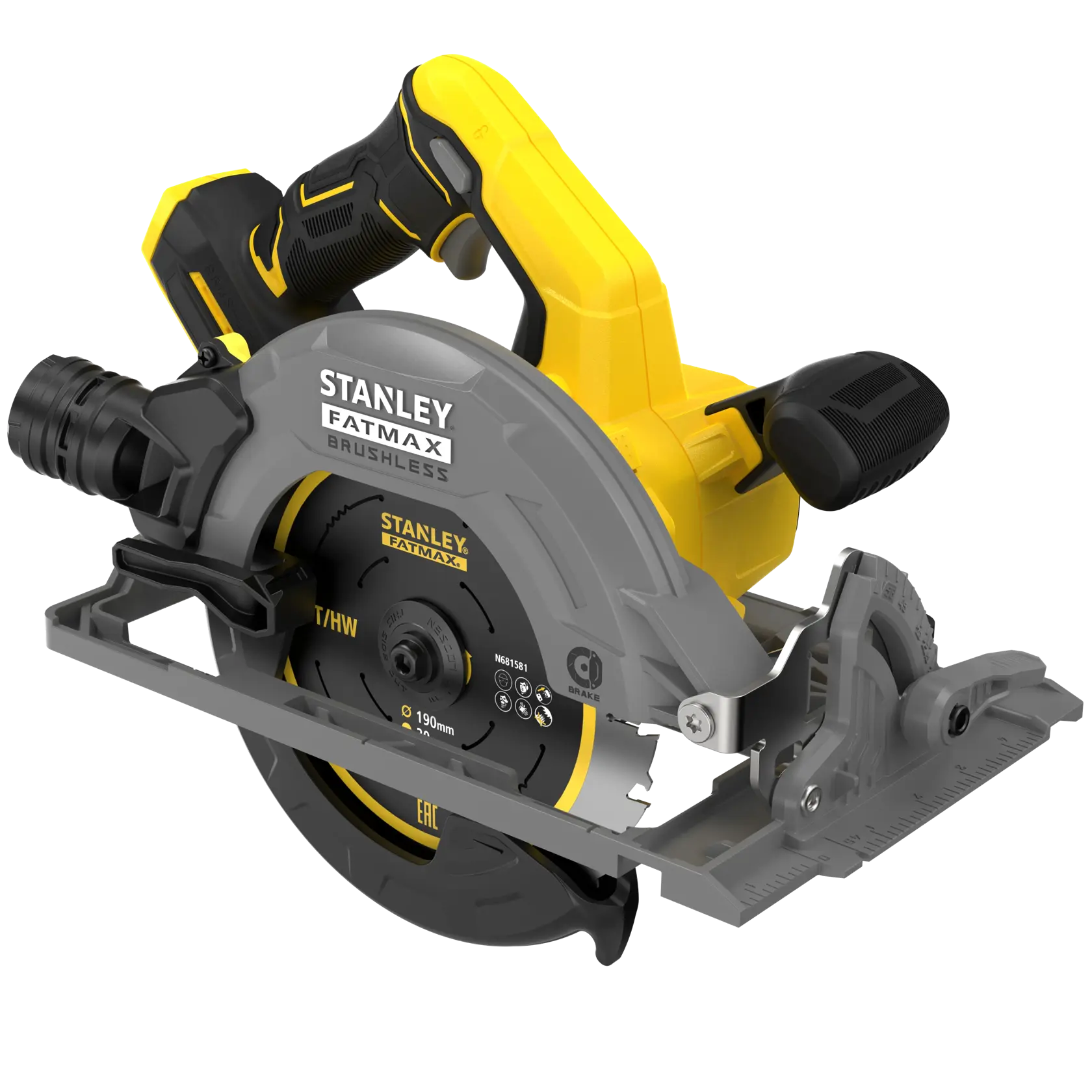 STANLEY SFMCS551B cordless circular saw front angle, yellow and black, featuring FATMAX branding.