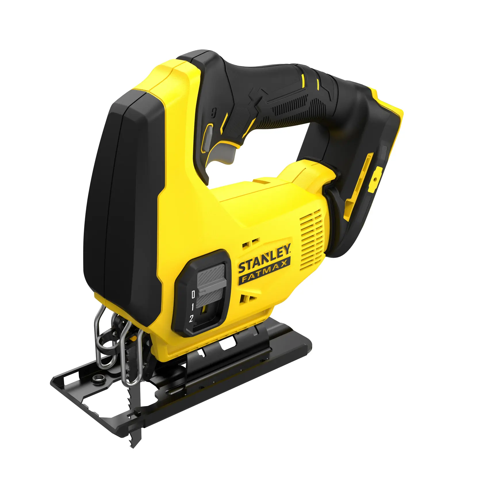 Scie sauteuse sans fil STANLEY SFMCS600B, jaune et noire, vue latérale sur fond blanc.