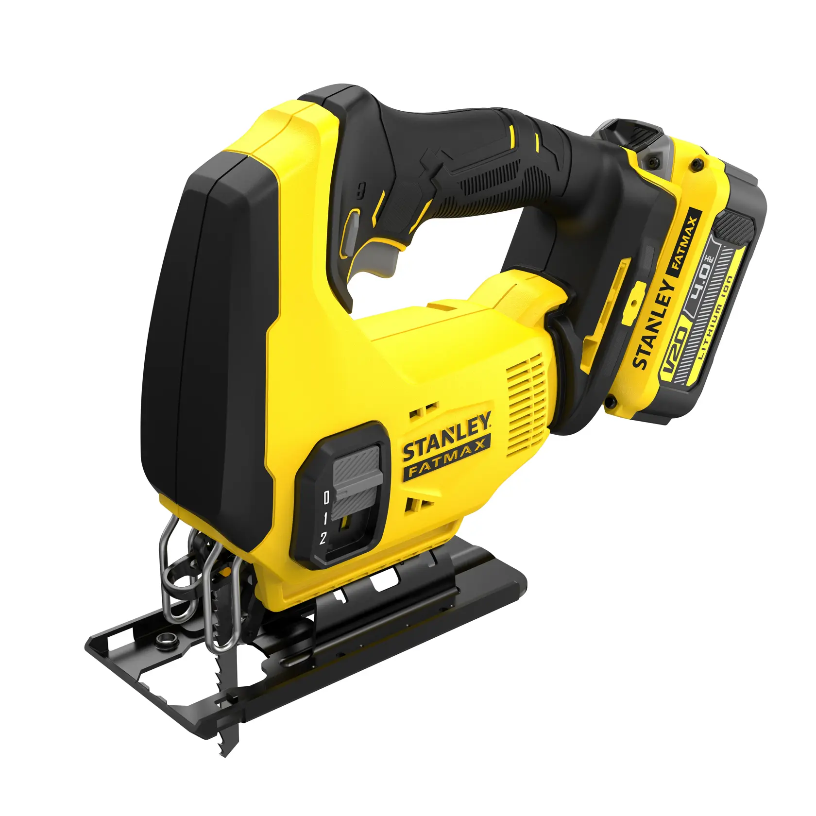 Scie sauteuse sans fil STANLEY SFMCS600M2K, jaune et noire, vue latérale sur fond blanc.