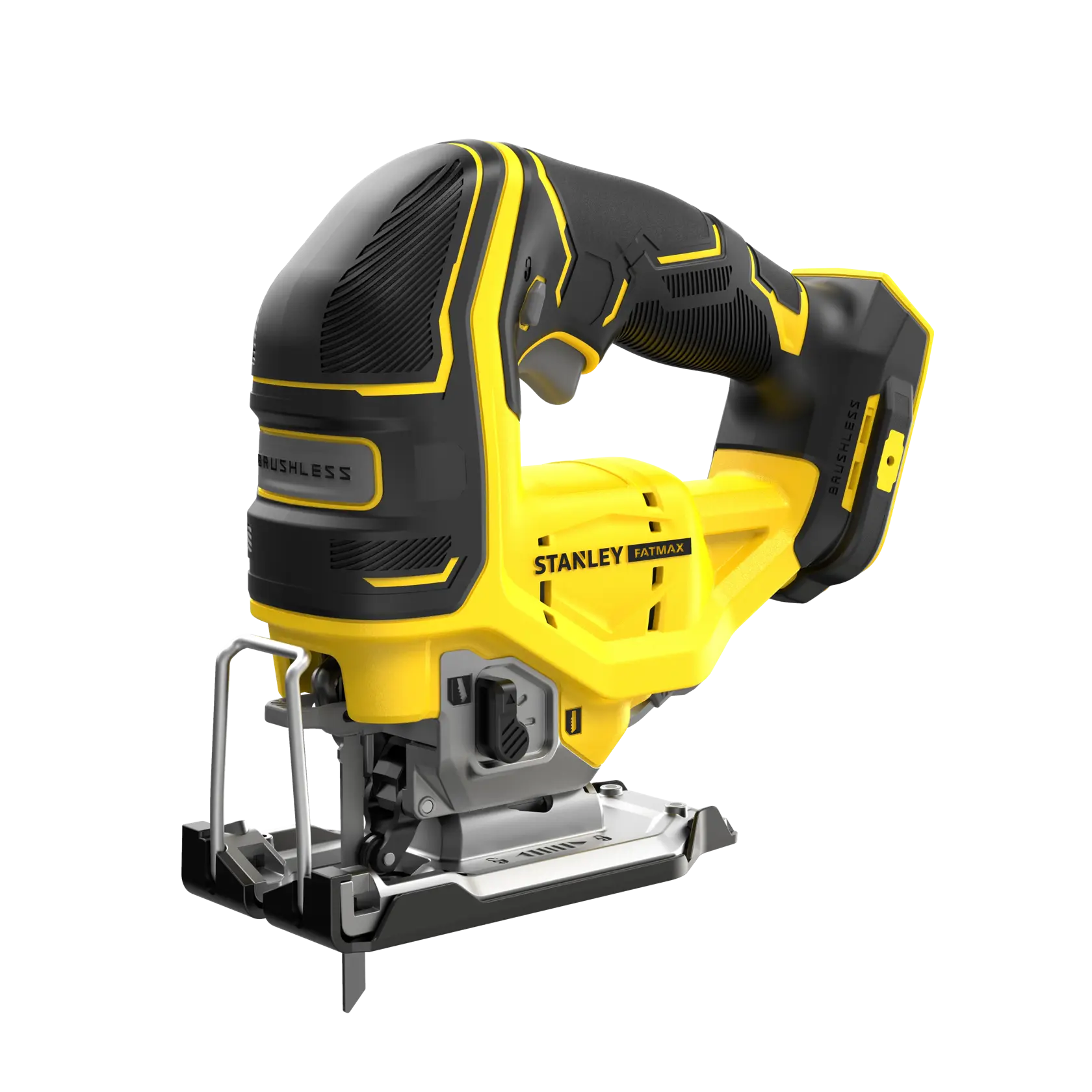 Scie sauteuse STANLEY FATMAX sans fil jaune et noire avec poignée ergonomique et base métallique.
