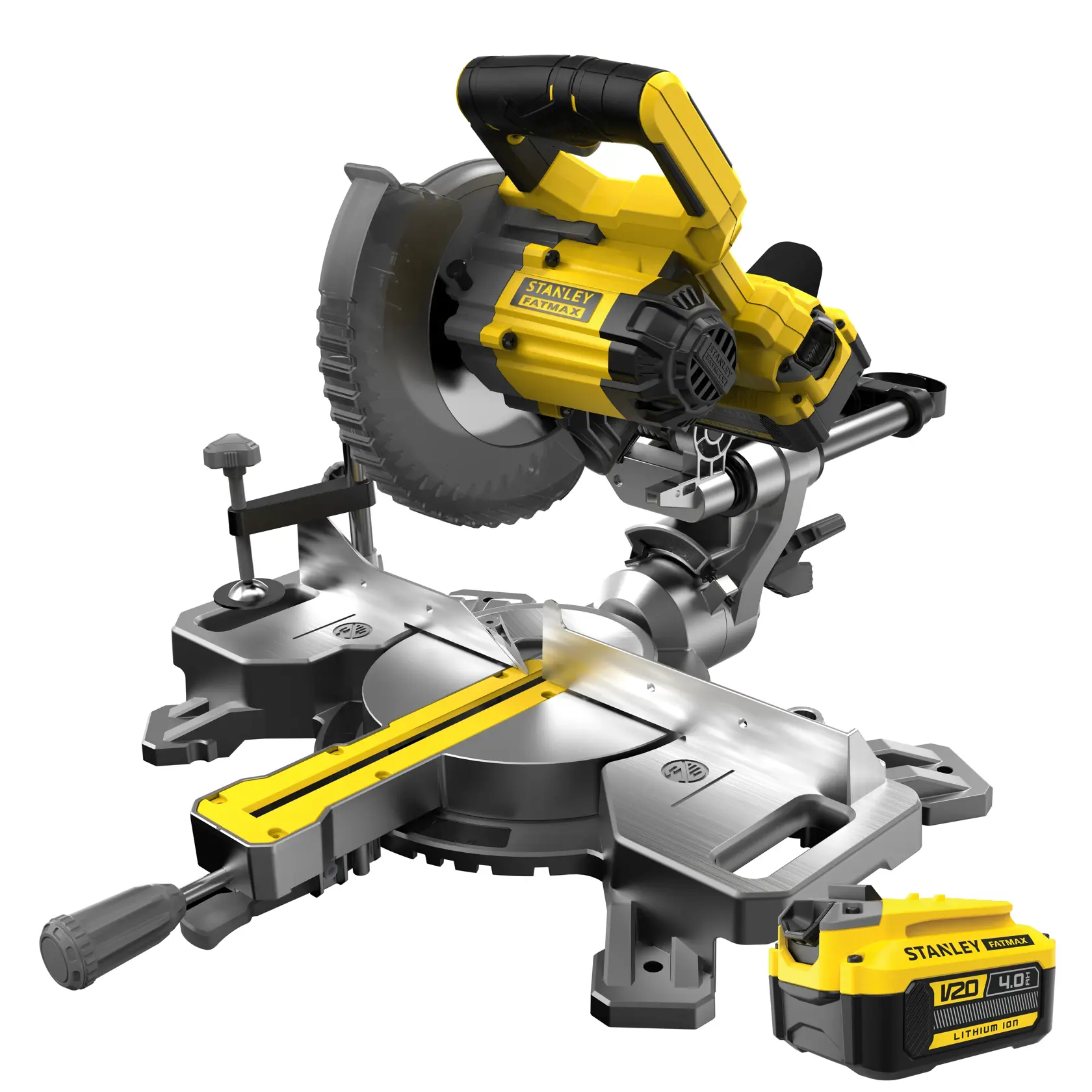 Scie à onglet STANLEY SFMCS701M1, jaune et noire, angle latéral, sans fil, avec base argentée et rail de guidage.