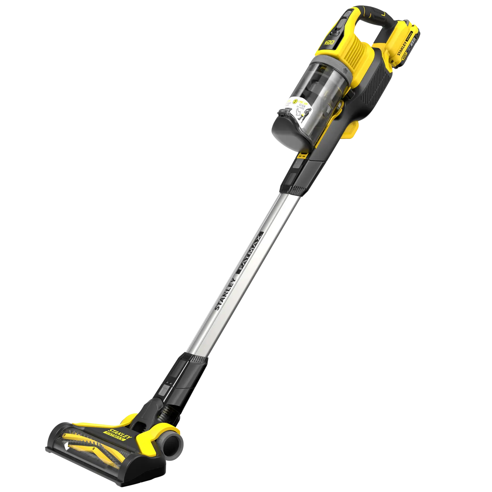 STANLEY SFMCVS001D1 aspirapolvere senza fili, giallo e nero, vista laterale su sfondo bianco.