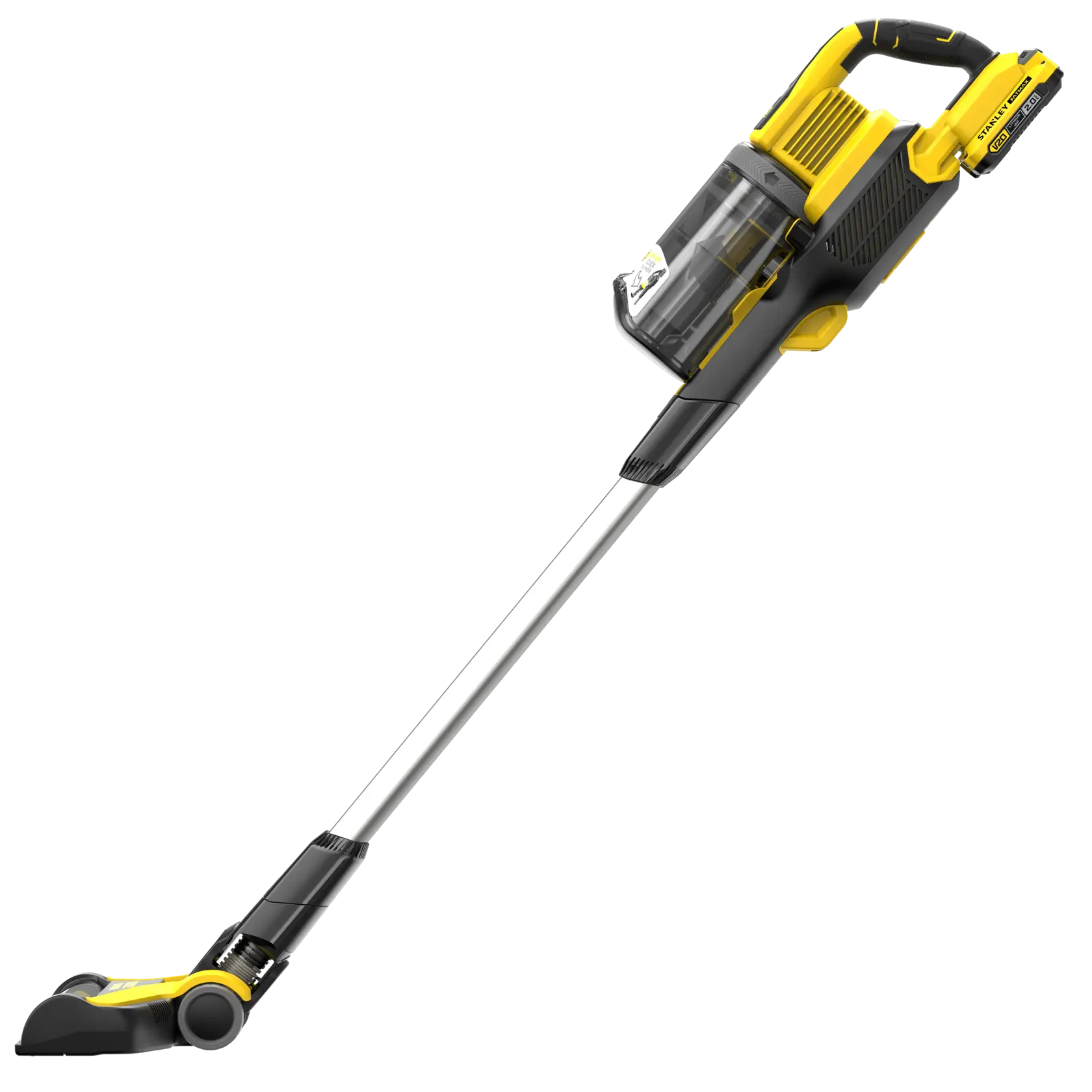 STANLEY SFMCVS001D1 aspirapolvere senza filo, giallo e nero, angolo laterale su sfondo bianco.
