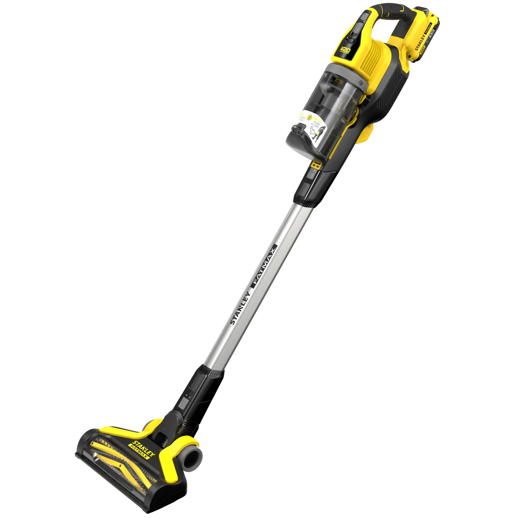 Foto dell’aspirapolvere senza fili STANLEY SFMCVS001D1, giallo e nero, vista frontale su sfondo bianco.