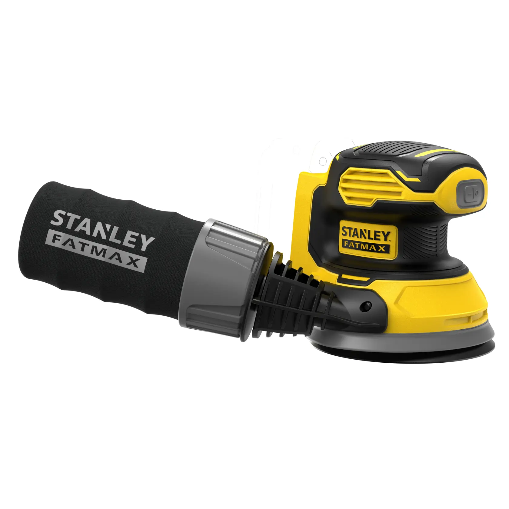 Ponceuse orbitale sans fil STANLEY SFMCW220B, jaune et noire, vue latérale sur fond blanc.