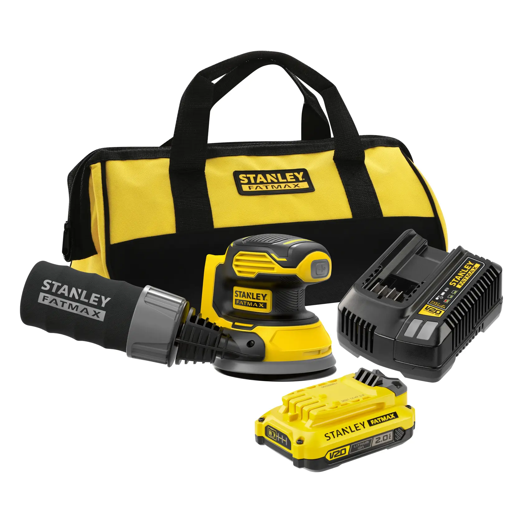 Kit levigatrice a batteria STANLEY SFMCW220D1S con borsa gialla e nera, batteria, caricabatterie, vista frontale