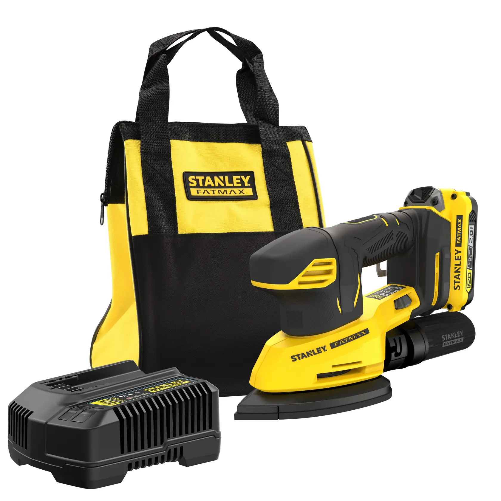 Kit ponceuse sans fil STANLEY SFMCW221D1S avec sac jaune-noir et chargeur, angle avant.