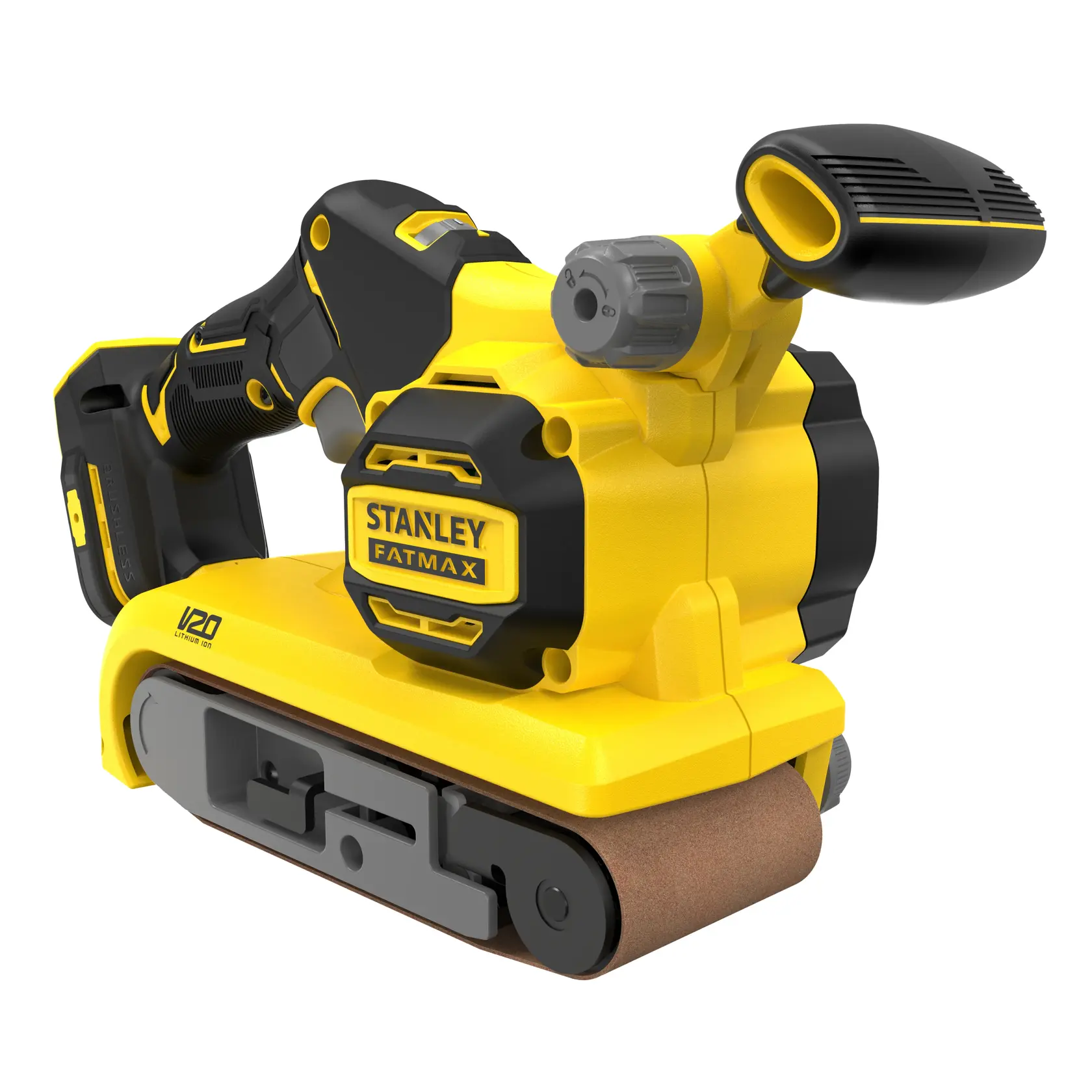 STANLEY SFMCW223B-XJ ponceuse à bande sans fil V20, jaune et noire, vue en angle sur fond blanc.
