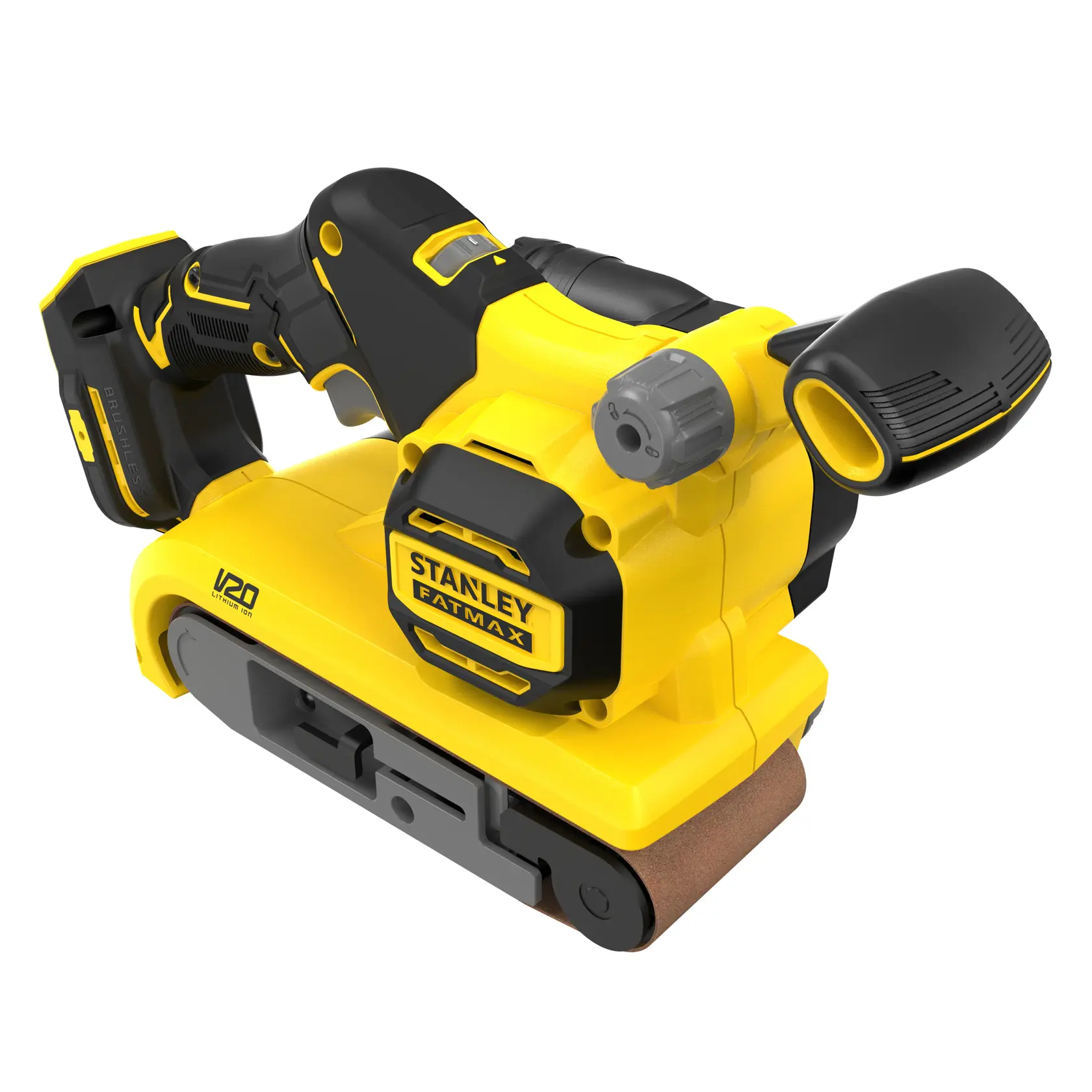 STANLEY SFMCW223B-XJ cordless belt sander, yellow and black, front angle on white background.