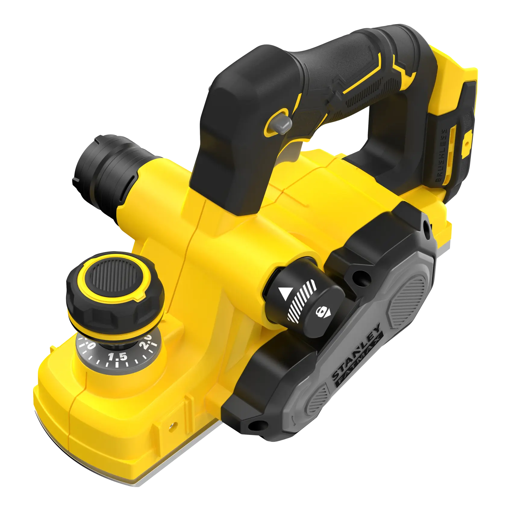 Piallatrice senza fili STANLEY SFMCW300B con motore brushless, gialla e nera, vista dall’alto angolata su sfondo bianco.