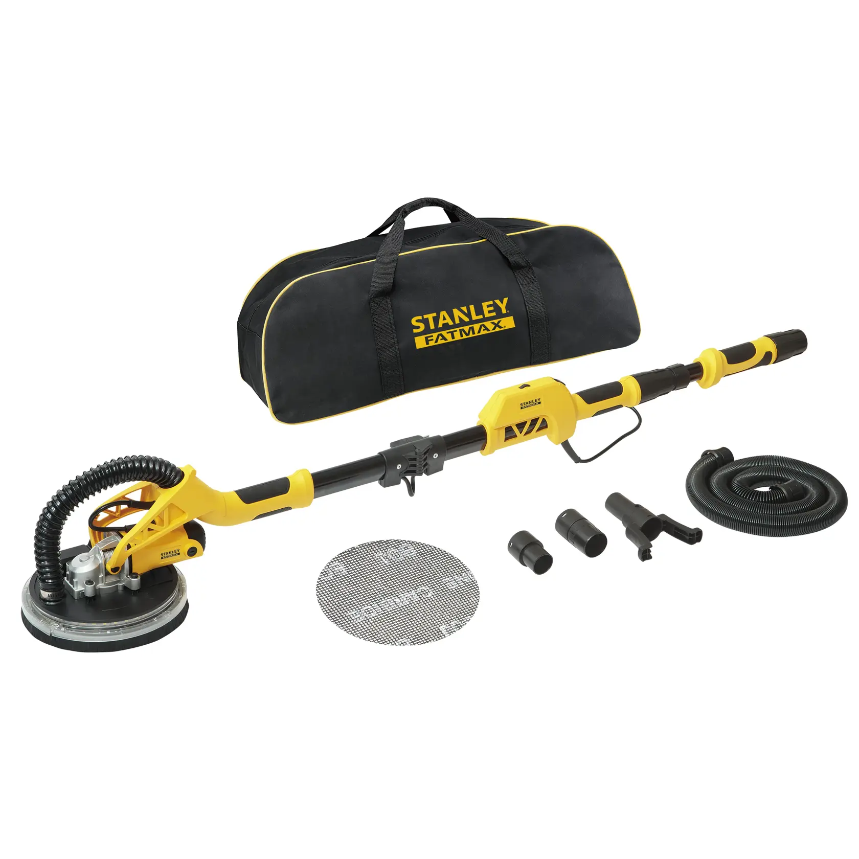 STANLEY SFMEE500S kit ponceuse pour plaques de plâtre avec ponceuse jaune et noire, sac de transport, tuyau, disques en maille et accessoires, vue de face.