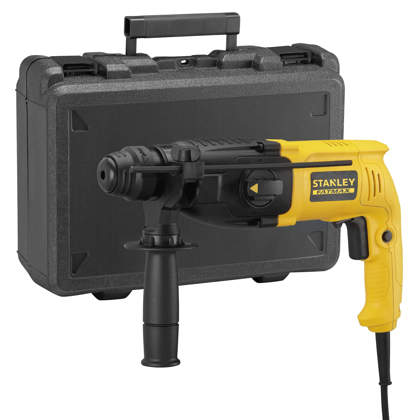 STANLEY SFMEH200K marteau perforateur jaune et noir avec poignée latérale et coffret de transport, vue de face.