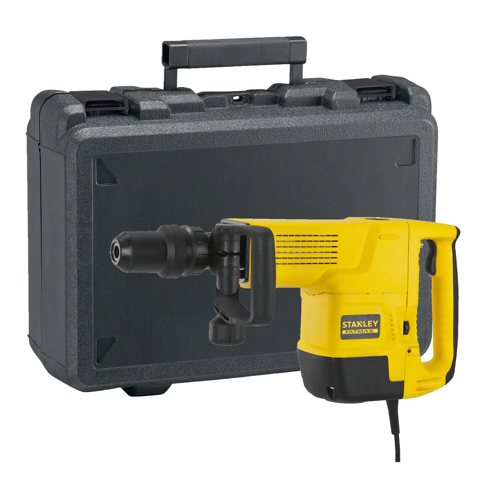 STANLEY SFMEH230K demolition hammer, yellow-black power tool with plastic carrying case, front angle.
