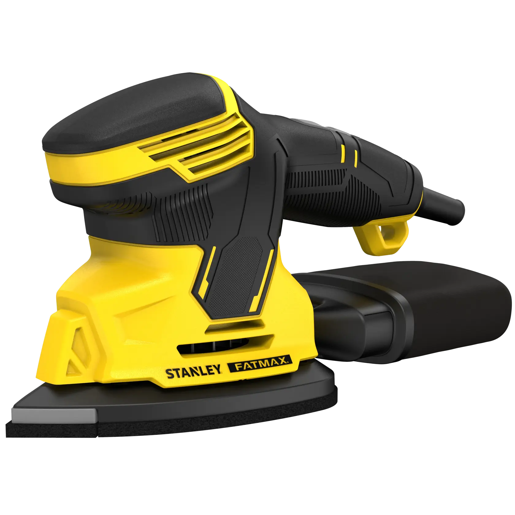 Levigatrice per dettagli STANLEY SFMEW210S gialla e nera, vista frontale su sfondo bianco.